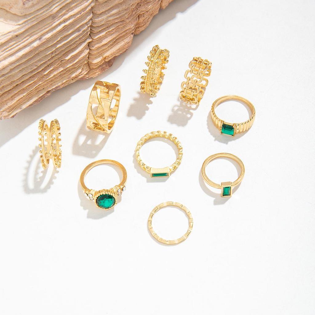 Cross Border French Retro Imitation Grandmother Emerald Joint Ring Women's Jewelry Niche Design Hollow Geometric Ring
