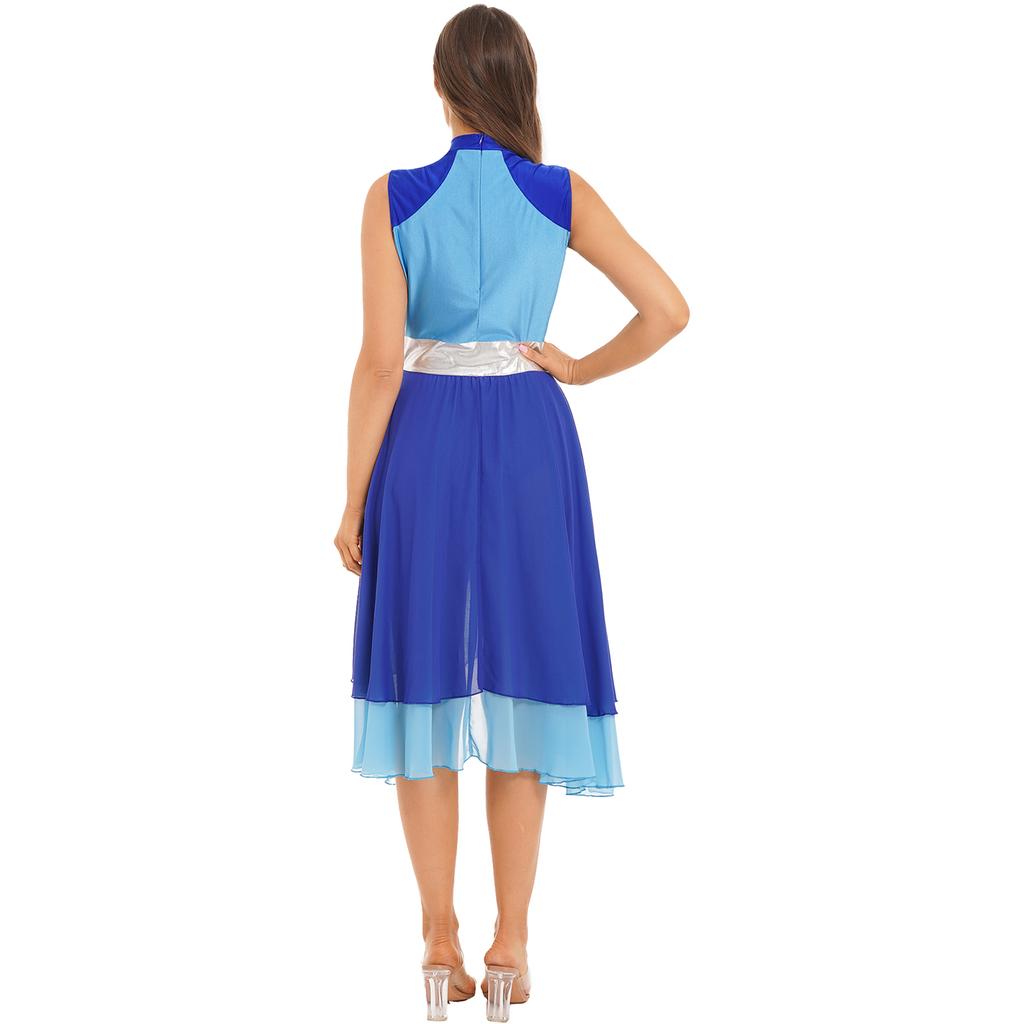 Womens Color Block Dance Dress Sleeveless Mock Neck Design Split Asymmetrical Hem Performance Wear