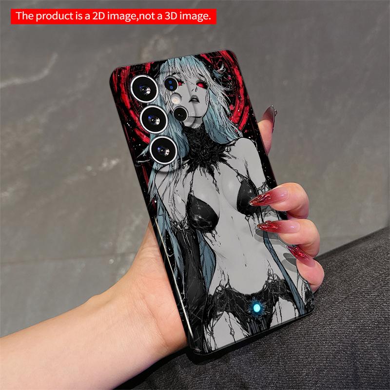 2DFlat Samsung phone case Red-Eyed Goddess in Black Lace and Blue Hair Applicable to Galaxy S22 S23 S24 S25ULTRA S26 A12 A13 A14 A15 A16