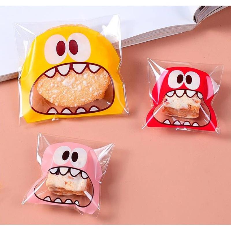 100Pcs Cute Cartoon Monster Cookie Candy Self-Adhesive Plastic Cookie Bags Supplies Christmas Packaging