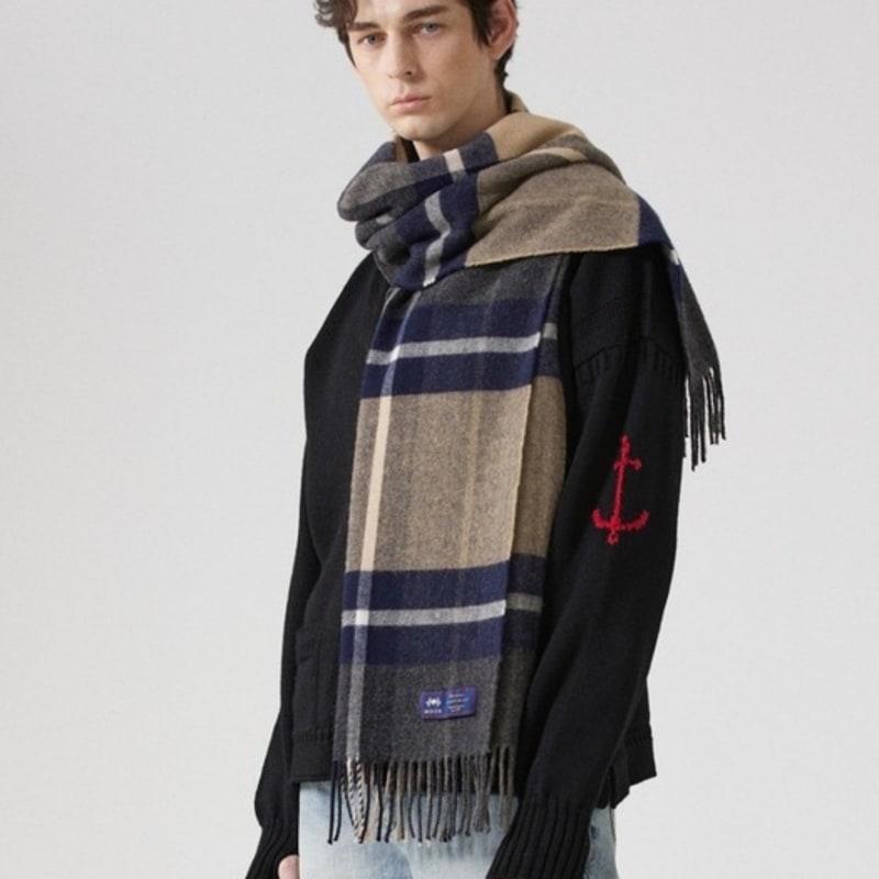 ABRAHAM MOON Merino Wool Shawl Muffler 50cm - Madison Navy Camel