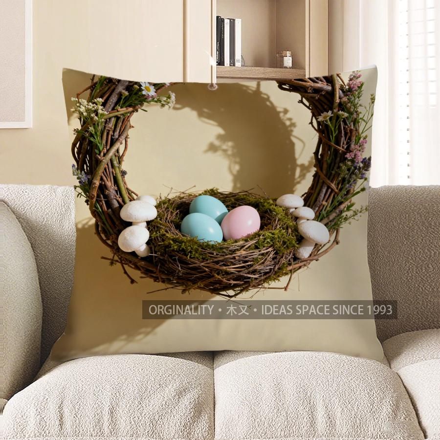 2D Wreath Nest With Eggs Floral Throw Pillow Pattern Cushion Cover Suitable For Sofa Bedroom Car Pillow Cover