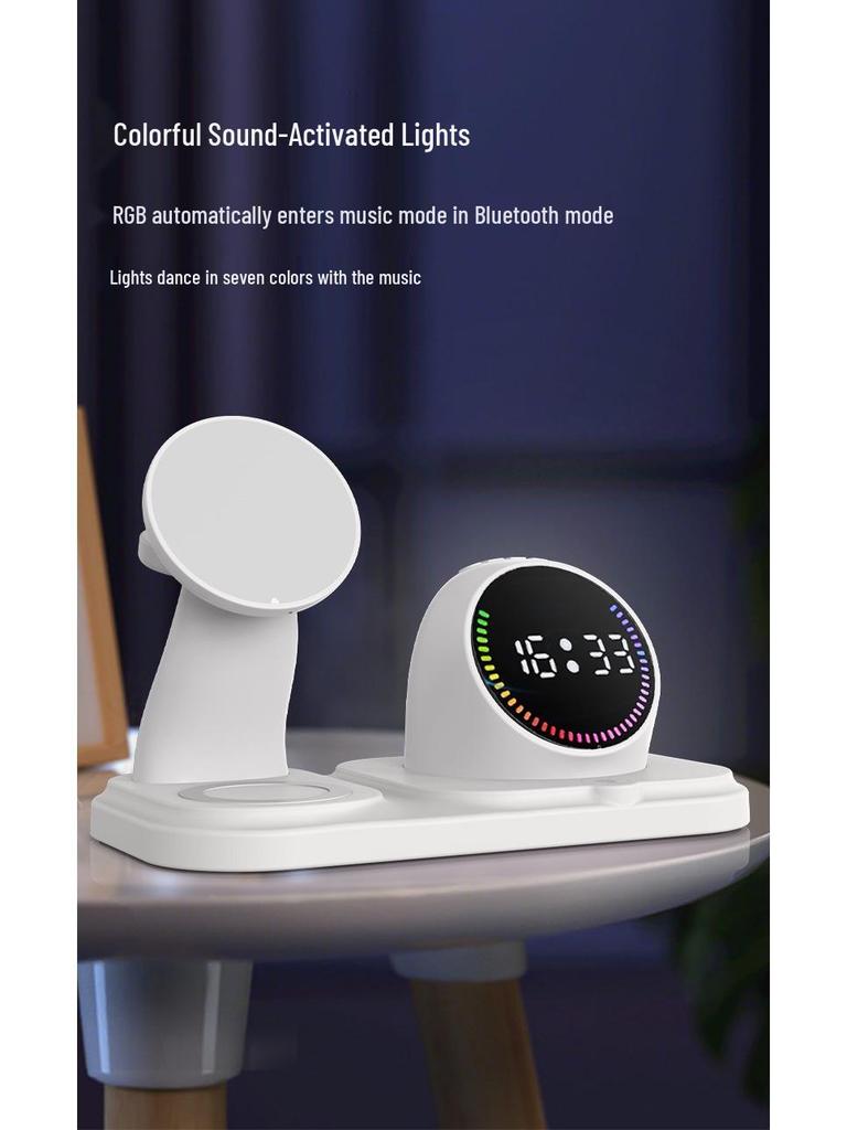 Six-in-One Magnetic Wireless Charger: Clock, Light, Bluetooth Speaker for Apple Devices
