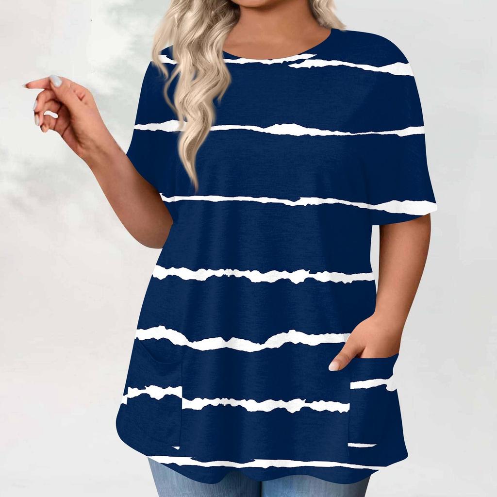 Womens Plus Size Tops Shorts Sleeve Shirts Round Neck Printed Casual Pockets Clothing Clothes Tops