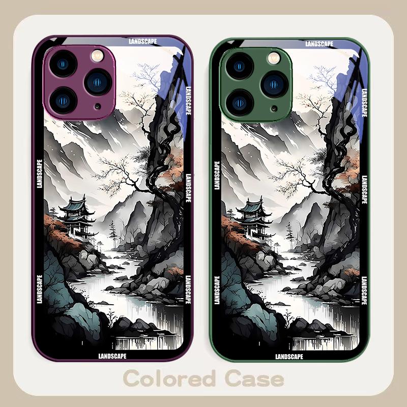 Chinese Landscape Painting For Iphone 16 Plus 15 14 13 12 Mini 11 Pro Max X XS XR 7 8 Plus 2022 Tempered Glass Phone Case