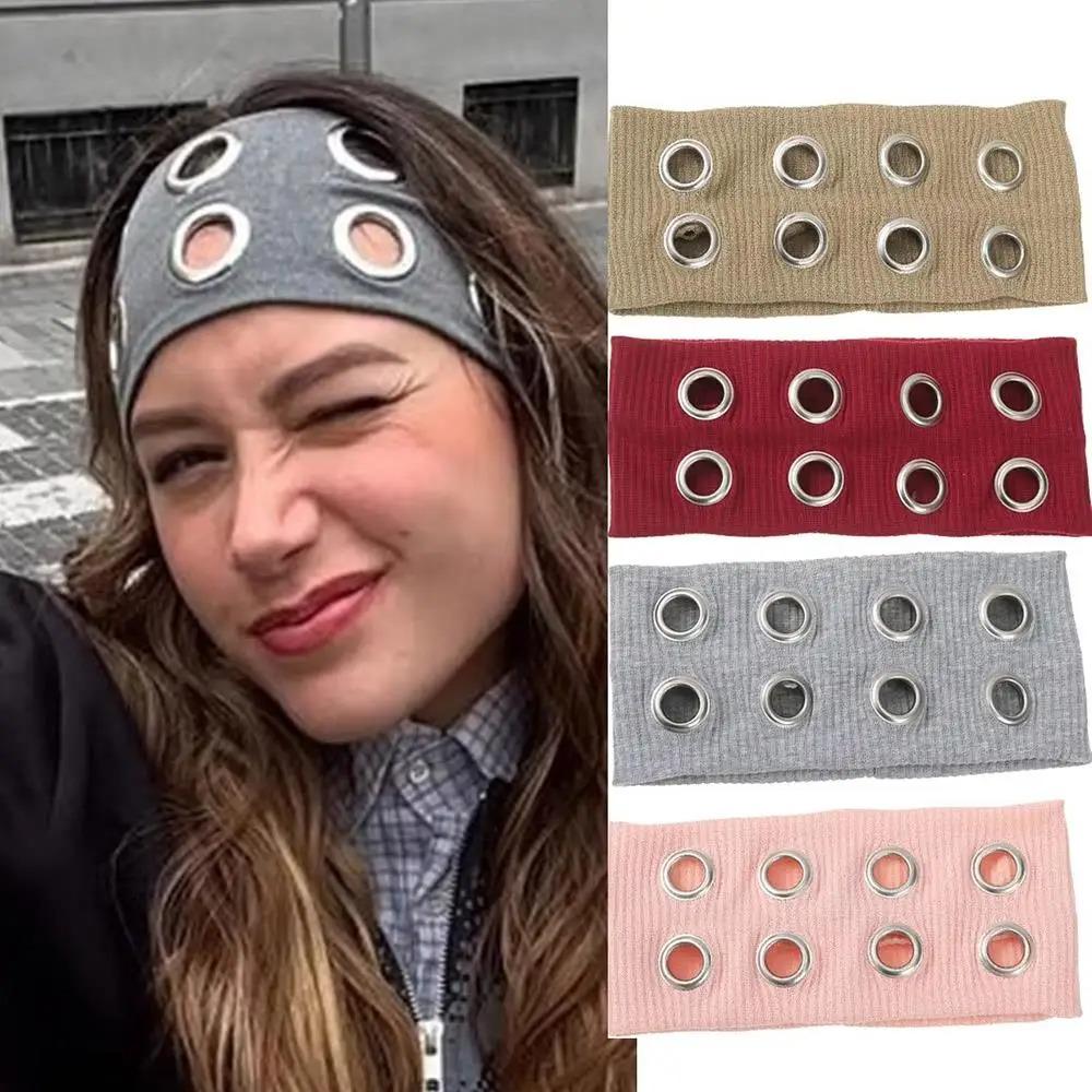 Metal Eyelets Punk Headwrap Wide Elastic Hollowed Out Eyelets Headband Rock Head Band  Punk Girl