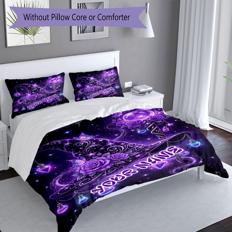 3pcs Custom Name Purple Magic Hat Bedding Set Printed Bedding Set Duvet Cover Closure Includes 1 Duvet Cover & 2 Pillowcases Bedroom Decor