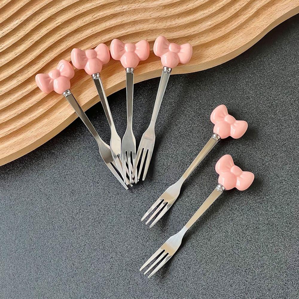Bowknot Ceramic Fruit Forks Set Creative Ins Style Dessert Forks with Storage Jar Decorative Household