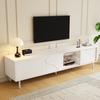 White TV Cabinet with Three Sliding Doors, MDF, Glass Shelf, App-controllable LED Lighting, Thin Steel Legs, Minimalist Living Room Storage Cabinet