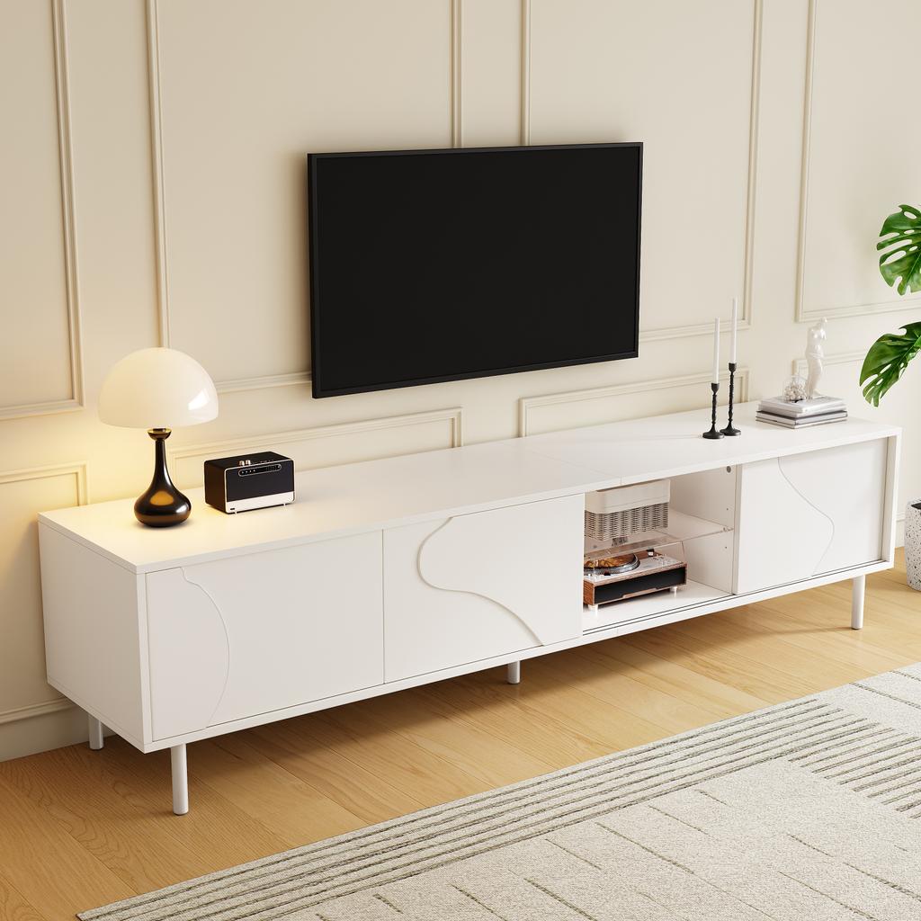 White TV Cabinet with Three Sliding Doors, MDF, Glass Shelf, App-controllable LED Lighting, Thin Steel Legs, Minimalist Living Room Storage Cabinet