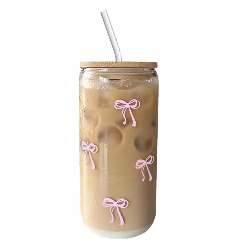 Glass Cups with Lids and Straws 500ml Bow Cup Drinking Mug for Iced Coffee Cocktail Matcha Tea Drinking Water Teen Girls Home