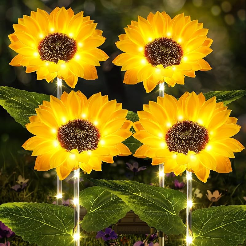 4 Pack Solar Garden Lights, Sunflower Outdoor Solar Lights for Outside with Lifelike Bigger Sunflower & Bright 64 LED, Waterproof Solar Powered 4 Pack