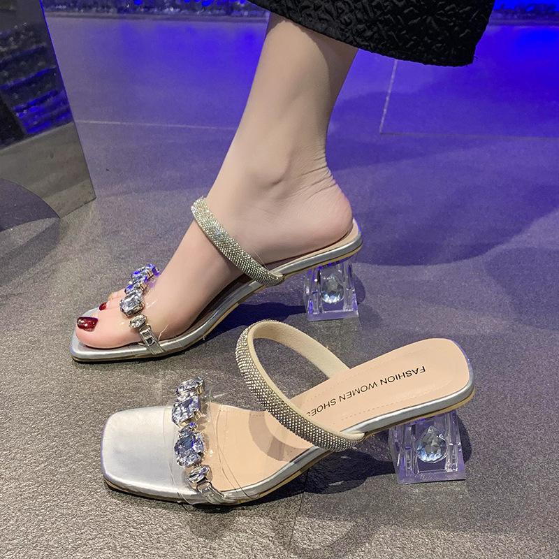 2024 New High-heeled Transparent Rhinestones, Wearing Cool Slippers for Women's Head, Sexy Versatile Large-size High Heels for Women
