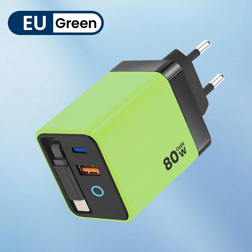 80W USB Type C super fast charger with LED indicator, equipped with a retractable cable, supports PD fast charging, suitable fo