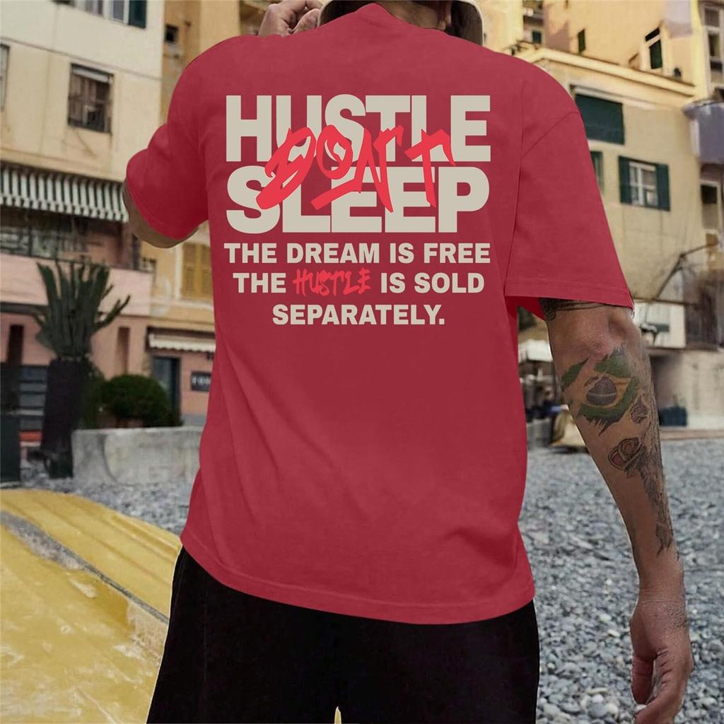 Men's "Hustle" Themed Motivational Quote Tee, Urban Streetwear Oversized Short Sleeve Top