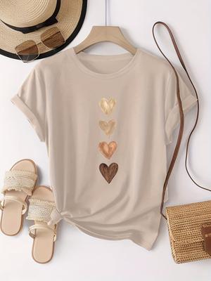 Dames Casual T-shirt met Korte Mouwen en Vier Harten Grafische Print - Zwart & Goudkleurig, Medium Stretch Ronde Hals