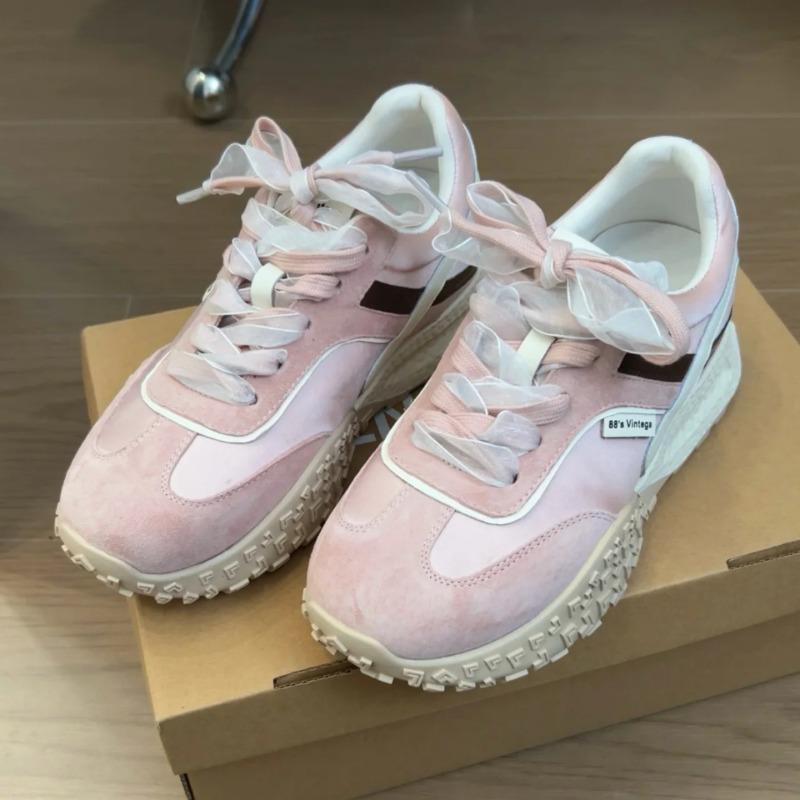 Genuine Leather~ Inner Height Increase of 7cm Women's New Small Platform Casual Shoes Ribbon Color Matching