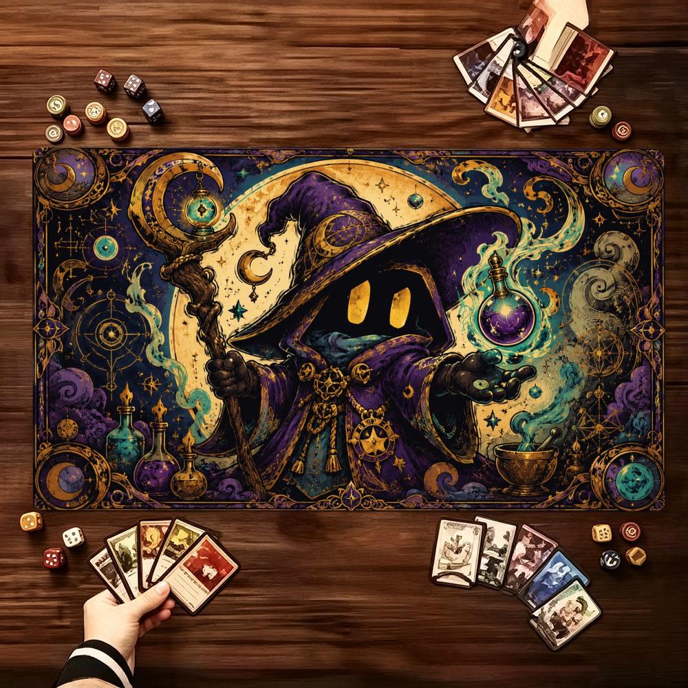 Vintage Celestial Wizard Pattern Large Game Playmat Non Slip Rubber Table Mat Stitched Edge For Card Game Laptop Gaming