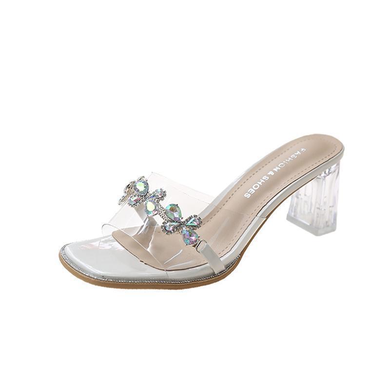 Wear Transparent Cool Slippers Outside 2025 Summer New Fairy Versatile Temperament Rhinestone Open-toed Thick Heel High Heel One-word Drag