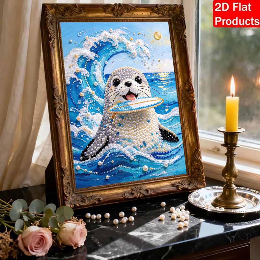 Surfing Seal Pearl Painting Kit with Frame Sparkling Bead Canvas Creative Leisure Craft for Wall Decor Gift DIY Art Project Supplies