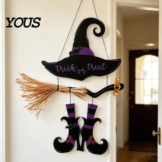 Witch Hat Wall Decor Halloween Boot Sign, Hanging Trick or Treat Decoration Entrance for Home Room, Wooden Front Door Hanger Holiday