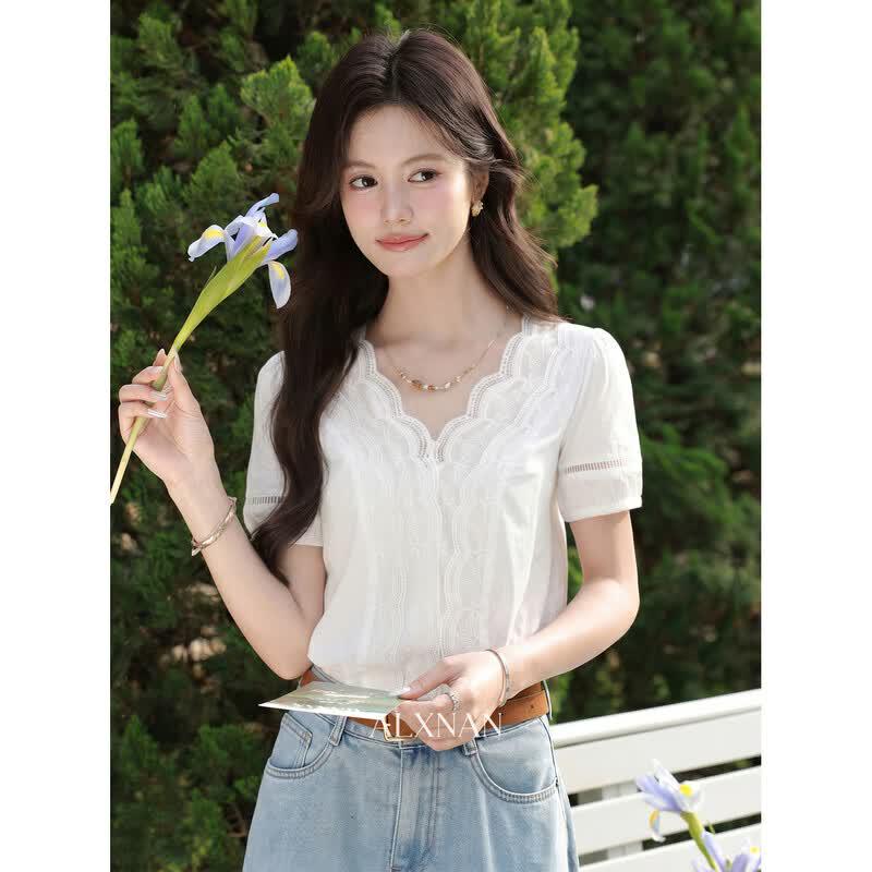 French V-Neck Short Sleeve Blouse L