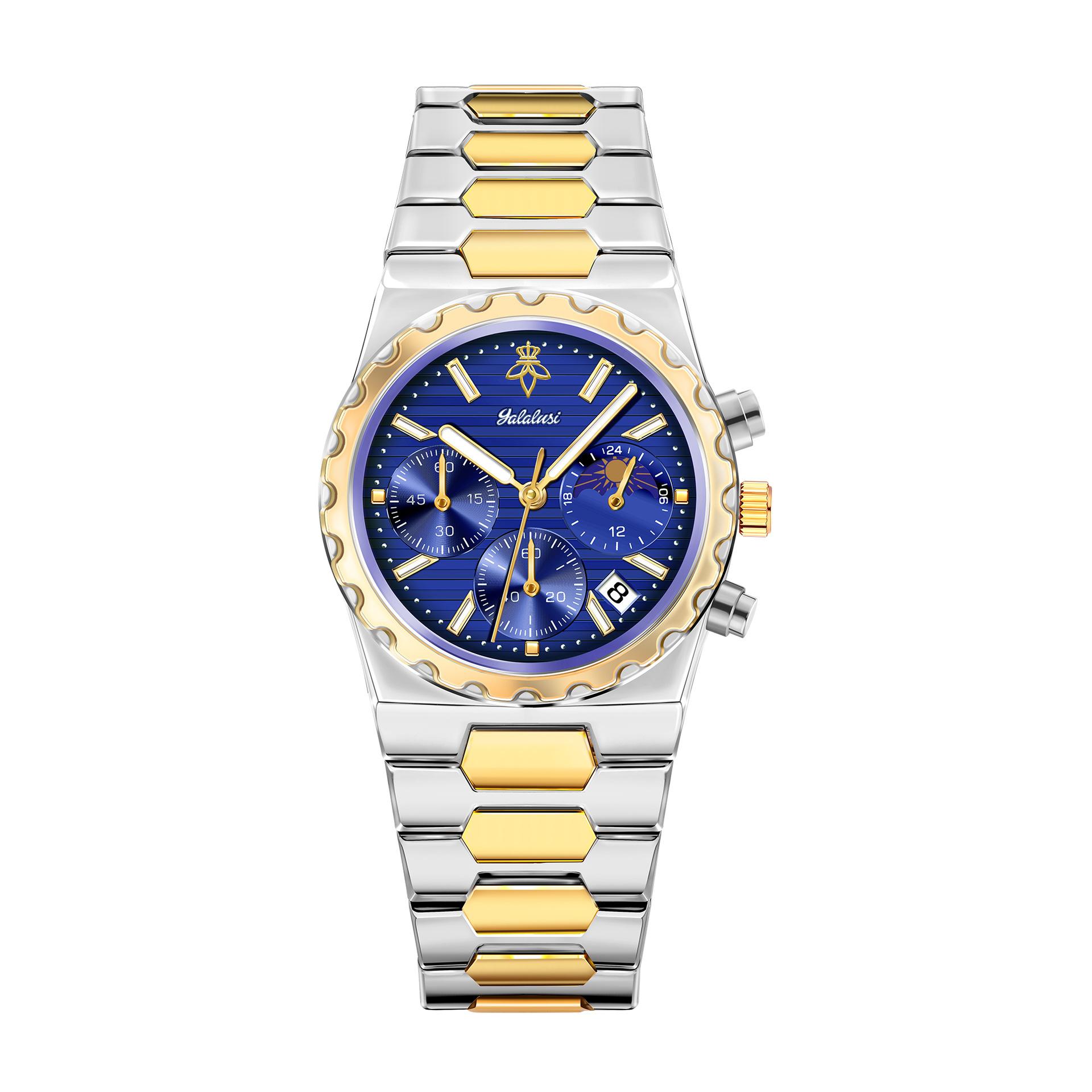 

Waterproof Quartz Wristwatch for Men - Chronograph, Moon Phase, Calendar, Luminous Hands, Stainless Steel Case & Band, Classic Business Dress Watch Silver gold синій