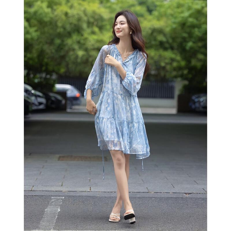 Demana Sommer Französischer Stil Bedrucktes A-Linien-Kleid