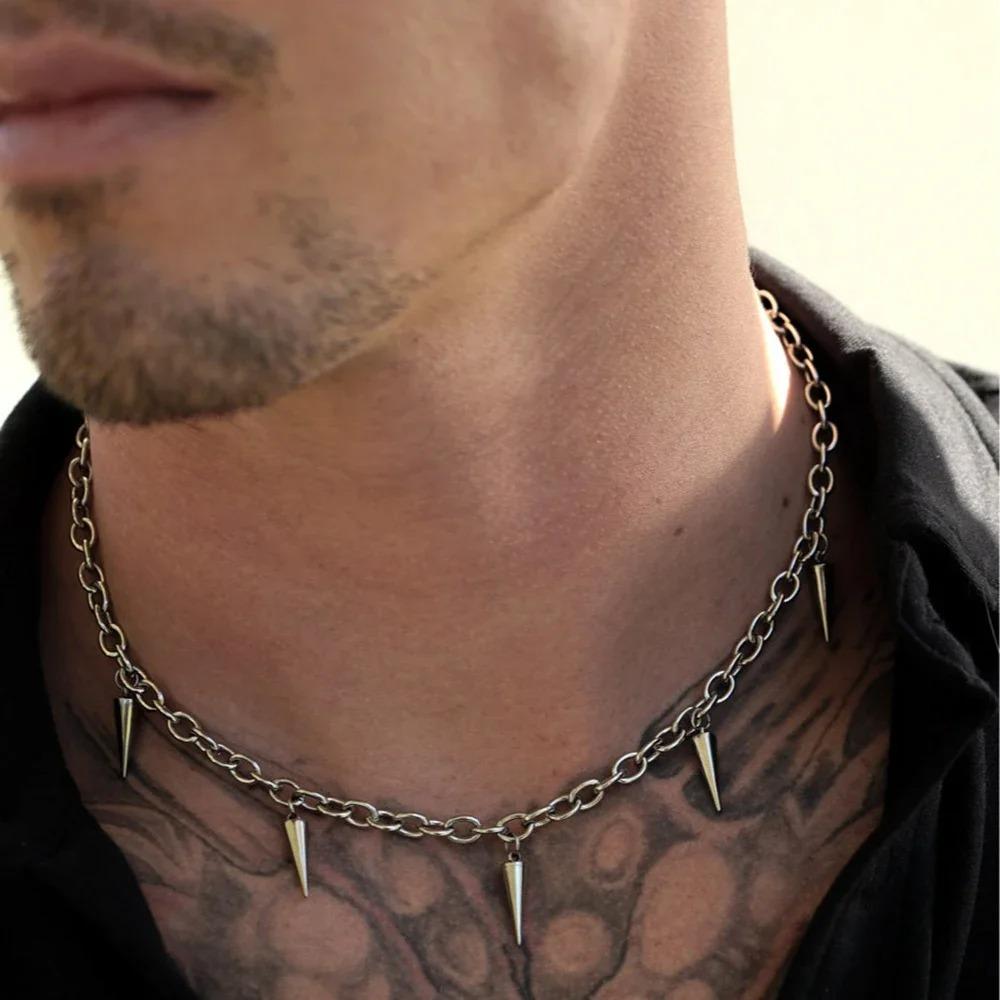 Men Punk Style Rivet Tassel Necklace Hip Hop Women Fashion Geometric Titanium Steel Chain Necklace