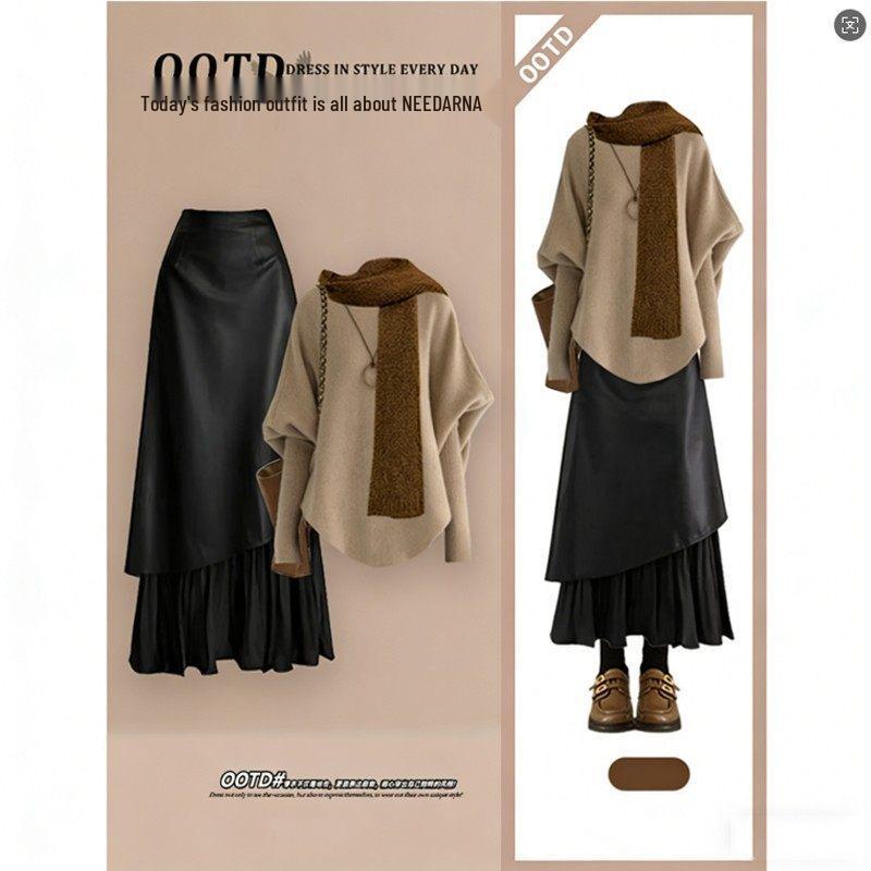 

Elegant Women s Winter French Retro Suit: Cozy Irregular Pullover Sweater with Leather Midi Skirt. L (105-115 jin)