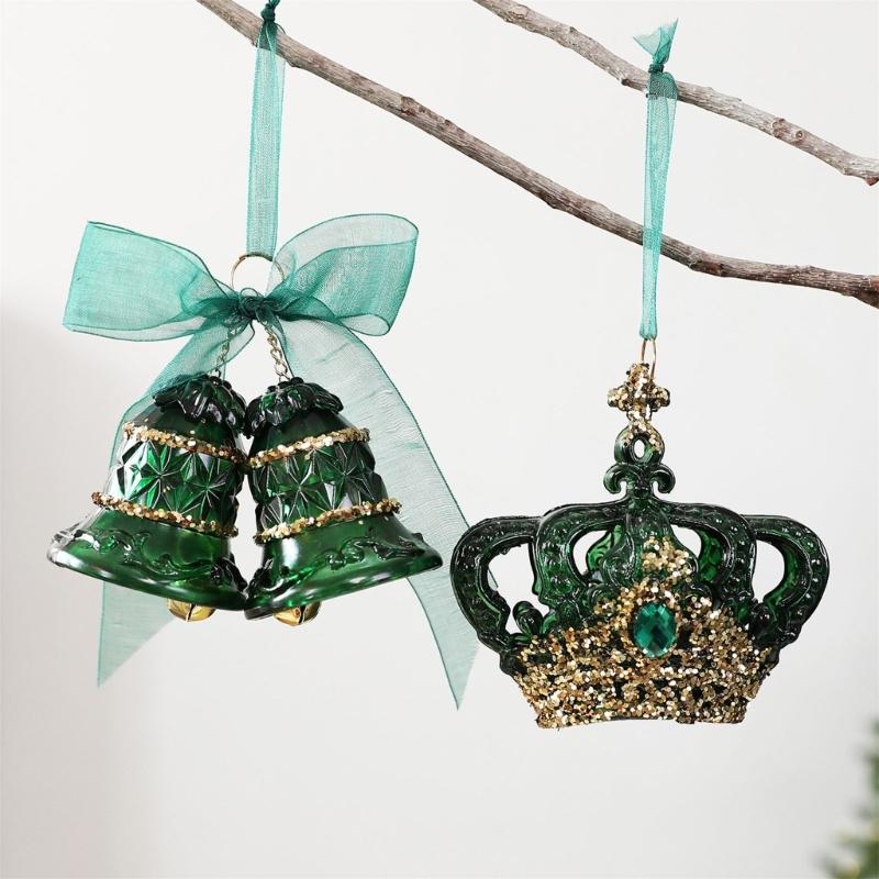Green and Gold Hanging Christmas Decorations with Varied Holiday Motifs, Frosted Finish, and Integrated Ribbons for Seasonal Arrangements
