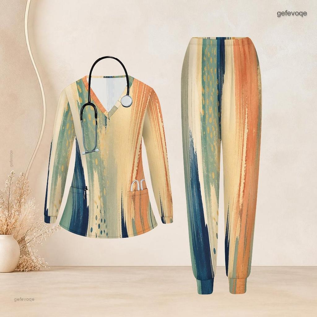 Women Plus Size Nurse Scrub Set V Neck Long Sleeve Printed Navy Blue Black Pocket Top And Pants