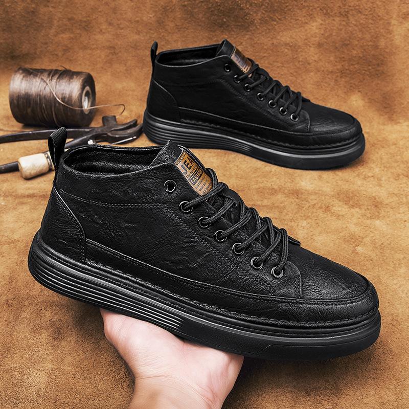 Autumn High-top Lace-up Board Shoes Outdoor Sports Fashion Trend Single Shoes Men's Medium Tube Flat-bottom Casual Leather Boots