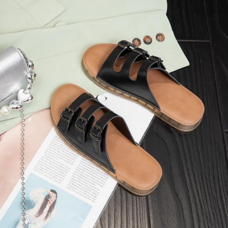 

First layer cowhide summer new cool slippers open-toed temperament thin belt buckle wear casual beach shoes 35 чёрный