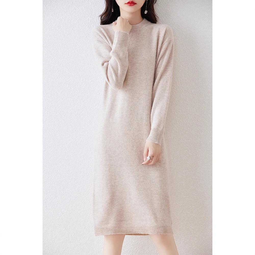 Women's Long Wool Knitted Dress - Over-the-Knee, Semi-High Neck, Loose Fit for Autumn/Winter