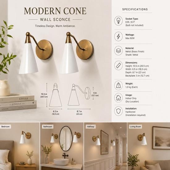 Mid Century Modern Brass Wall Sconces  White Cone Shade Bedside Lights