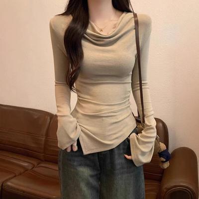 Spring Autumn Turtleneck Irregular Solid Color T-shirt Women Long Sleeve Bottons Tee All-match Pullover Top