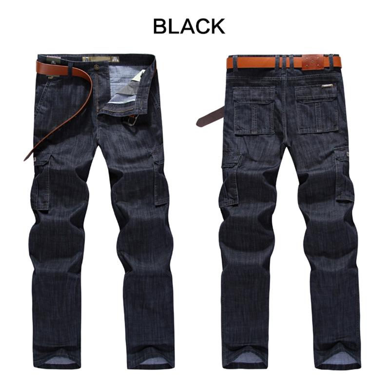 Mens Jeans Cargo Denim Pants Regular Loose Fit Multi Pockets Classic Washed Military Wear