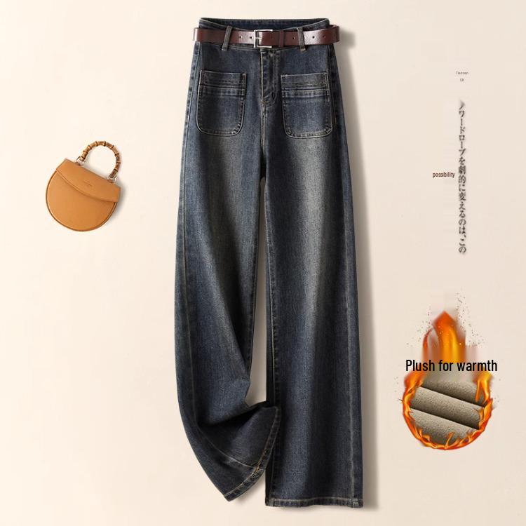 

2024 High Waist Fleece-Lined Women s Retro Jeans - Slim Fit, Floor-Length, Wide Leg for Autumn/Winter 30/2XL