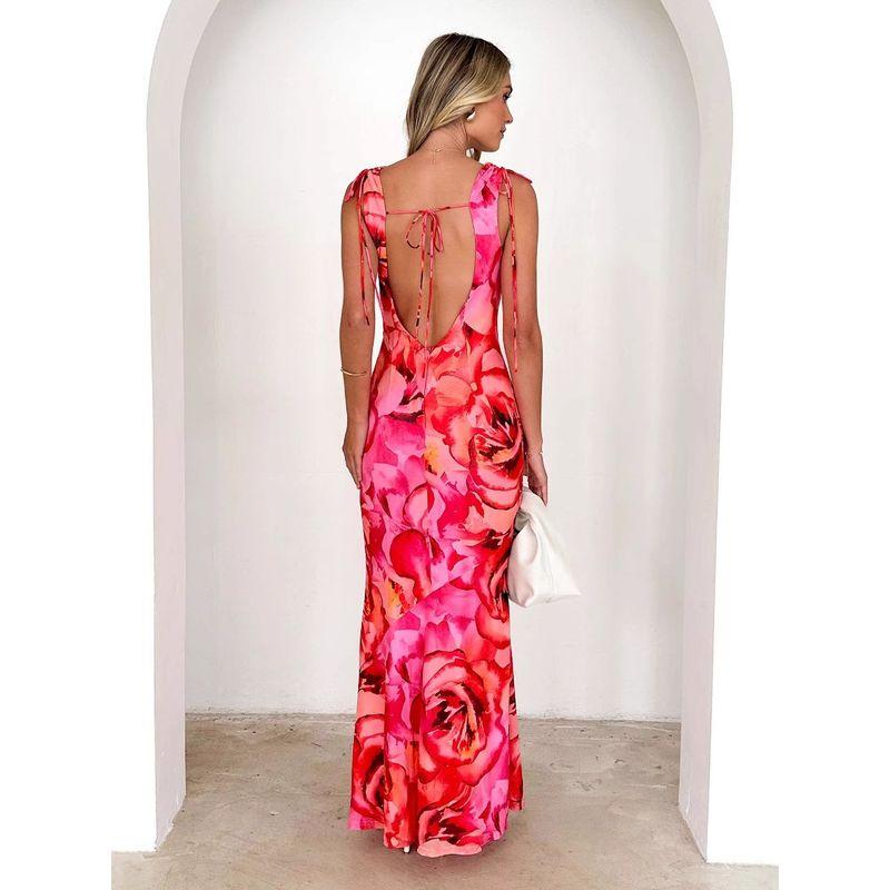 European and American Spring V-neck Design Print Stretch Dress Sexy Straps Dress Women