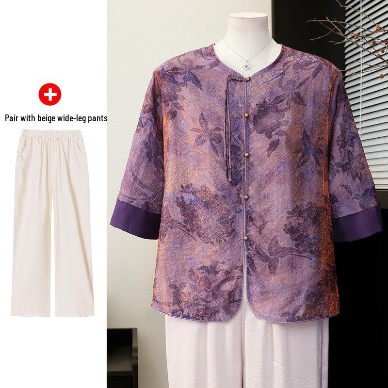 Elegant Summer Short-Sleeved Chiffon Blouse Set for Middle-Aged Women