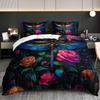 3Pcs Colorful Dragonfly And Rose Floral Bedding Duvet Cover Set, Featuring A Dragonfly Rose Garden Design. This Floral-Themed