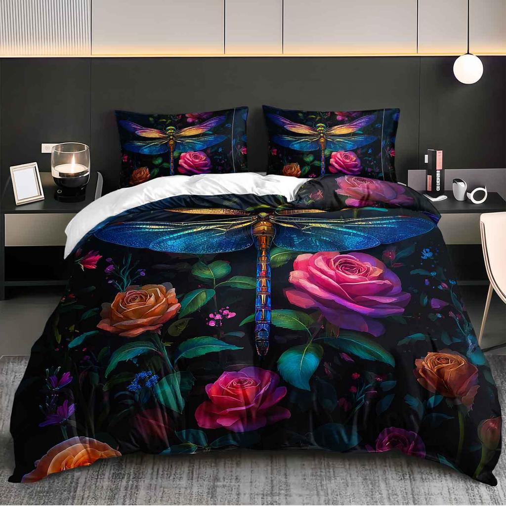 3Pcs Colorful Dragonfly And Rose Floral Bedding Duvet Cover Set, Featuring A Dragonfly Rose Garden Design. This Floral-Themed