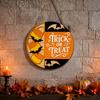 Seasonal Hanging Sign Halloween Trick or Treat Wooden Door Sign, Retro Round Bat Silhouette Atmosphere Prop Plaque for Home Front Wall &