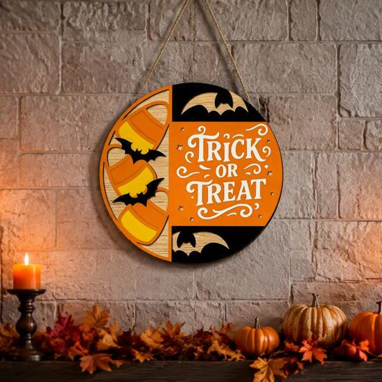 Seasonal Hanging Sign Halloween Trick or Treat Wooden Door Sign, Retro Round Bat Silhouette Atmosphere Prop Plaque for Home Front Wall &