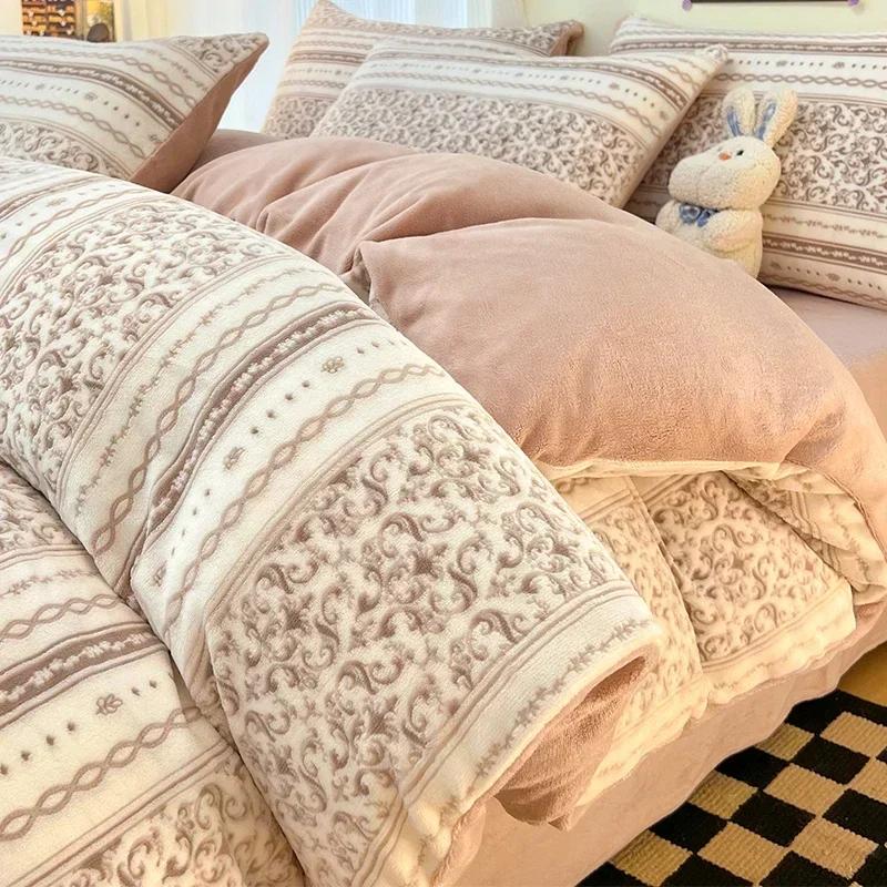 Winter Dickes Bedrucktes Milchsamt Vier-Teile-Set Bequem und Warm Kurzplüsch-Bettbezug 3-teiliges Set Kinderbettlaken