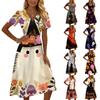 Womens Casual V Neck Short Sleeve Dress Halloween Print Midi Dress Comfortable Fit Lightweight Fabric Suitable for Daily Wear