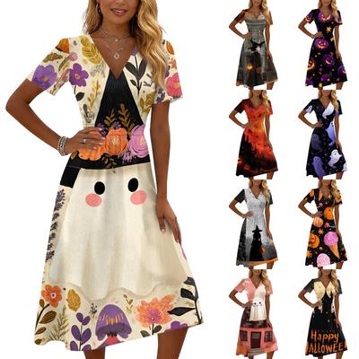 Womens Casual V Neck Short Sleeve Dress Halloween Print Midi Dress Comfortable Fit Lightweight Fabric Suitable for Daily Wear