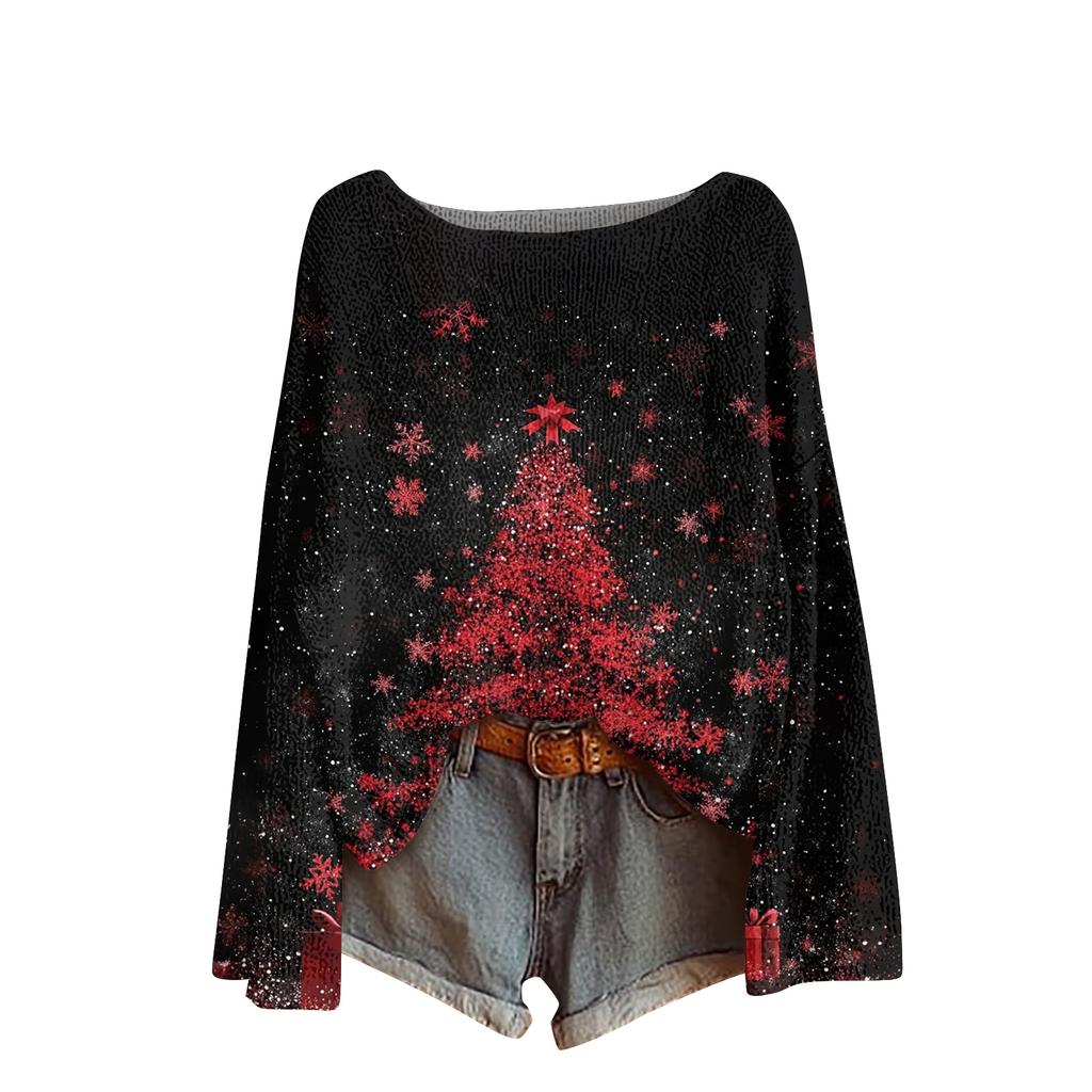 Ladies' Fashionable Casual Long Sleeved Christmas Printed Round Neck Knitted Yarn