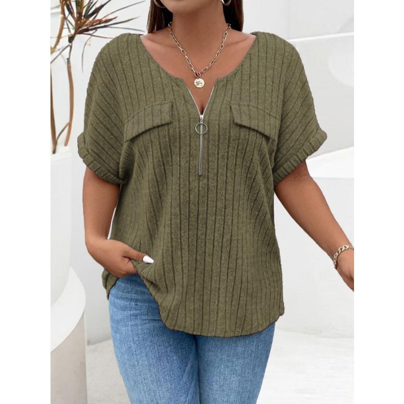 Spring and Summer Large Size Zipper Short Sleeve Women T-shirt Loose Fashion New Solid Color Tops Casual Simple Elegant Blouse Office Women's Clothing